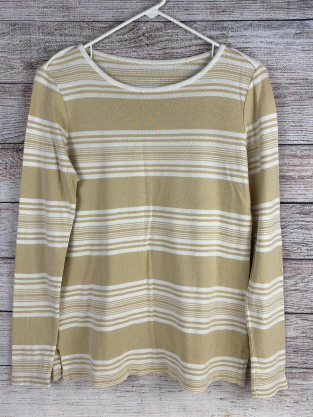 Lands' End Tan and White Striped Long Sleeve Tee Women's S